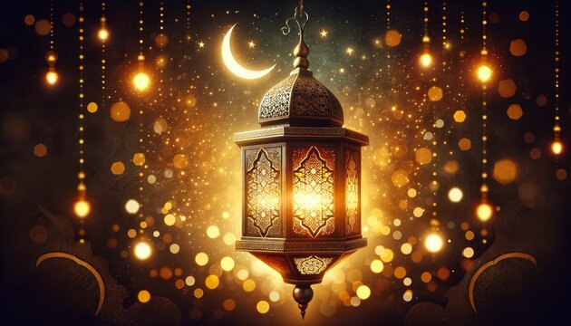 Ramadan Kareem. Ornate Lantern with Crescent Moon in a Starlit Sky