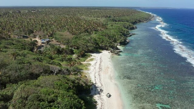 Aerial View, Landscape of Tonga, Polynesia. Rainforest, White Sand Beach, Coral Reefs and Blue Ocean Water
