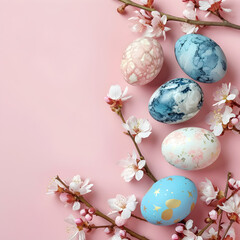 Obraz na płótnie Canvas Stylish easter eggs and spring flowers border on pink paper flat lay, space for text. Modern natural dyed blue and marble easter eggs. Happy Easter. Greeting card template