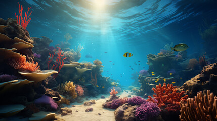 Obraz na płótnie Canvas Underwater Scene - Tropical Seabed With Reef And Sunshine, Ai generated image