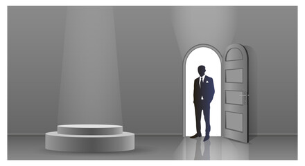 The interior of an empty dark room with an open door and a silhouette of a man.
Free space for copying, 3d images.