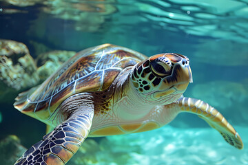 Fototapeta premium Green sea turtle - Tropical and subtropical waters - A large marine reptile known for its distinctive green color and ability to migrate long distances. They are threatened by habitat loss