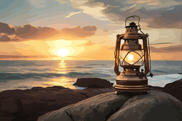 oil lamp on the beach at sunrise .