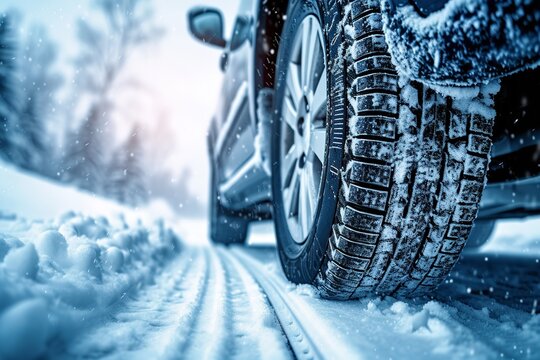 A close-up of an automobile tire on a winter road. Generative Ai.