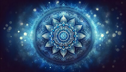 Blue Mandala Background. Intricate Cosmic Pattern with Starry Illumination