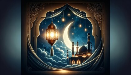 A Quiet Night in the Month of Ramadan. Lantern Overlooking Mosque and Crescent Moon