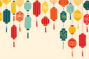 Colorful hanging lantern traditional Asian decor on beige background. Chinese lantern festival. New Year abstract greeting card with copy space. Design for poster, banner, flyer