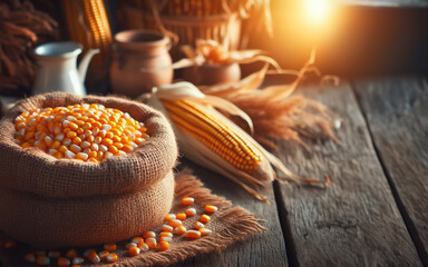 Raw corn in a sack. Corn husk placed on a wooden table. Rural landscape. - obrazy, fototapety, plakaty