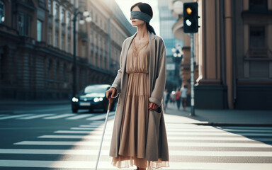 Visually impaired people carry canes and walk along sidewalks and zebra crossings.