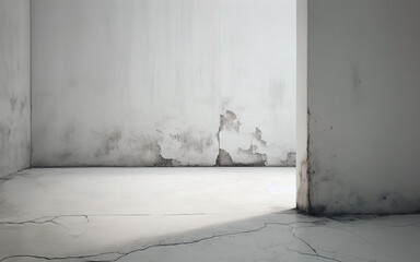 White floor and walls of the house, simple scene, minimalist old walls. white cement wall