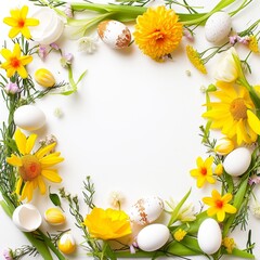 Naklejka na ściany i meble frame made of easter eggs and flowers on white background. Top view. Copy space. Generative AI