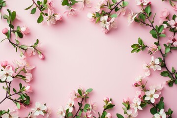 Fototapeta na wymiar frame made of cherry tree flowers on pink background. Valentine, birthday or wedding concept. Generative AI