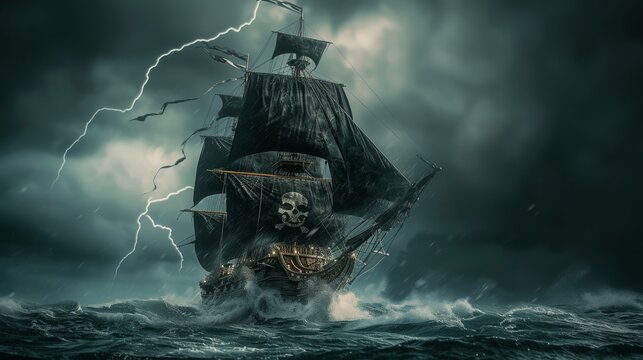 A pirate ship with black sails battles the fierce ocean storm, illuminated by dramatic lightning strikes, evoking a sense of thrilling adventure and nautical dram