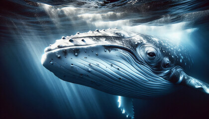 A humpback whale gliding underwater, its eye and textured skin illuminated by a soft - obrazy, fototapety, plakaty