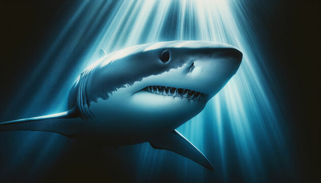 AI-generated illustration of A great white shark is depicted in a deep blue underwater scene