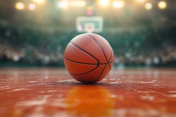 Photo Game ready setting Basketball ball positioned in front of sleek arena