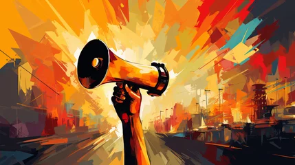 Fotobehang Megaphone, vibrant art and freedom of expression. Colorful, dynamic and energetic communication through art for liberty, creativity and social change. Inspiring visual message for a diverse audience. © StevensBot/Peopleimages - AI