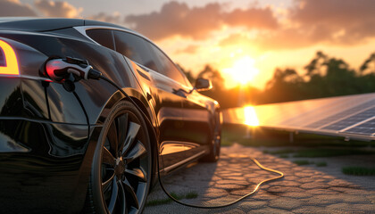 An Electric car recharges at an EV Power point with solar or power in the background. Power from the sun