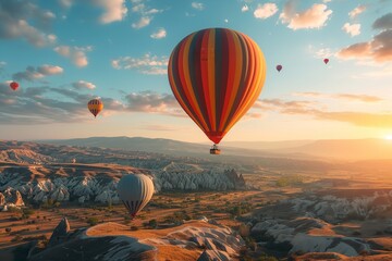 Incredible balloons soaring above a stone. Generative Ai. - obrazy, fototapety, plakaty