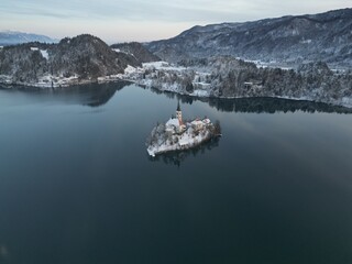 Aerial view of the Church of the Mother of God on the Lake. Bled, Slovenia