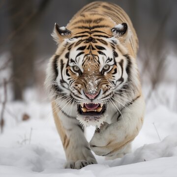 AI generated illustration of A majestic Bengal tiger running across a snow-covered forest