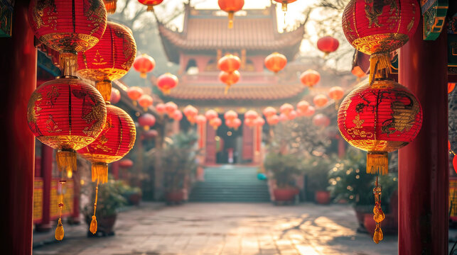 Golden red Lanterns Happy Chinese new year Festive Red Background with Glittering and temple Bokeh, Bright and Colorful Holiday Celebration copy space - Powered by Adobe