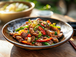 Sizzling Chop Suey with Mixed Vegetables and Tender Beef on a Plate - AI generated illustration