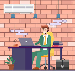 Businessman businessman in suit working at office desk. Flat style modern vector illustration.