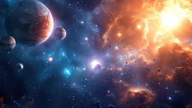 The shine of stars and foggy patterns are an illustration of the cosmic expanse. Multi-colored nebulae and galaxies of the universe with different stars and planets. Astronomical abstract background.