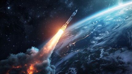 Rocket takes off from the surface of the earth in space. Astronomical science background, infinite universe.