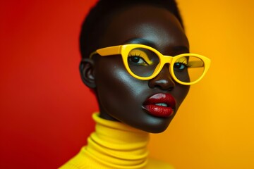 A vibrant personality shines through as a woman confidently dons her yellow glasses, adding a pop of color to her fashionable eyewear