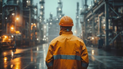 Back view of industrial worker wearing uniform and safety helmet standing near industry factory.