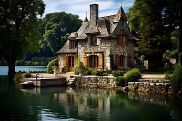 Fototapeta na wymiar AI generated illustration of a lakeside building overlooking serene waters