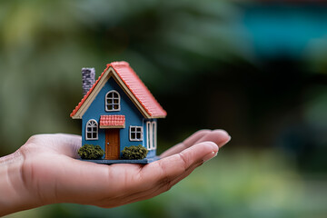 Hands holding house model, real estate concept 