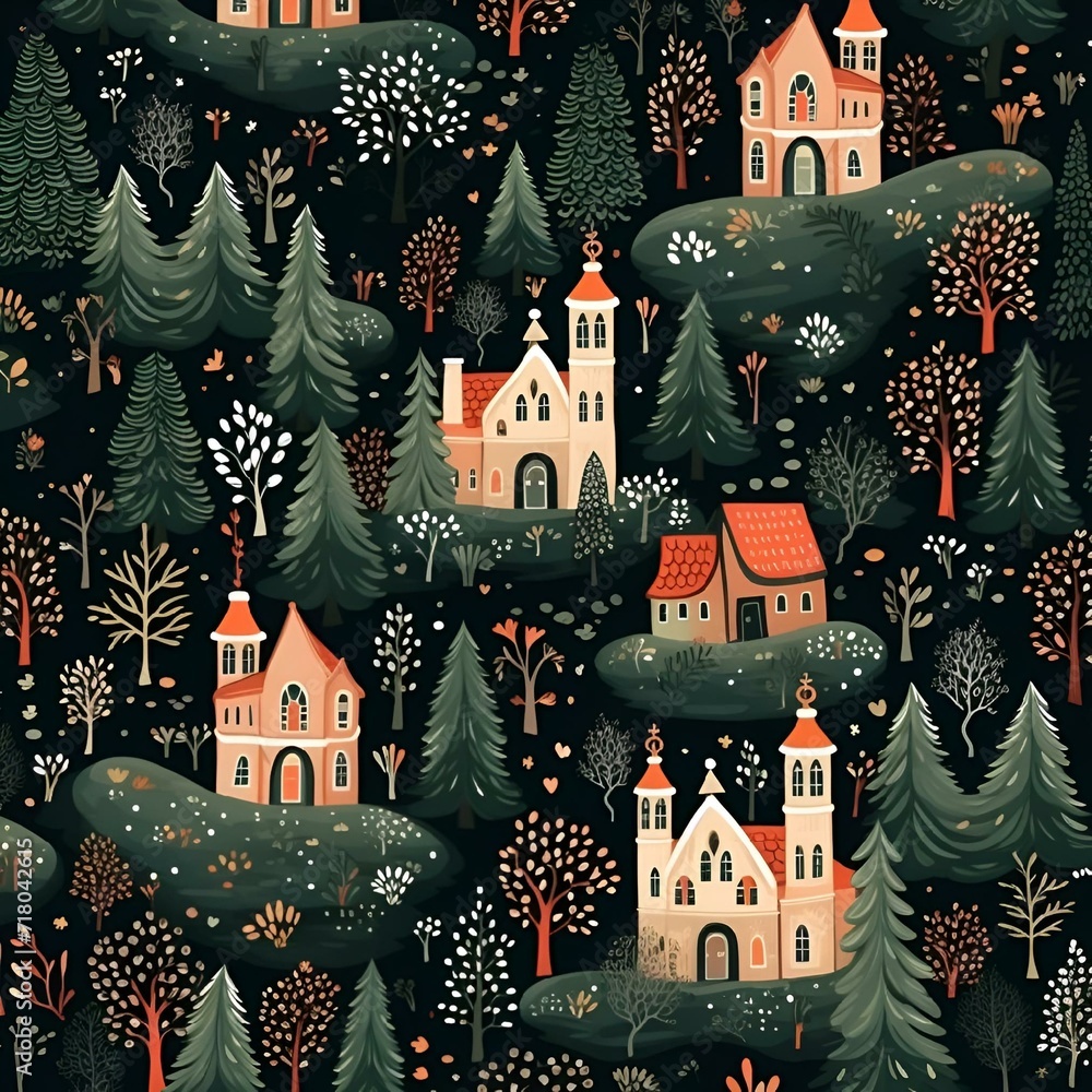 Poster AI generated illustration of seamless pattern of houses nestled among trees in a forest