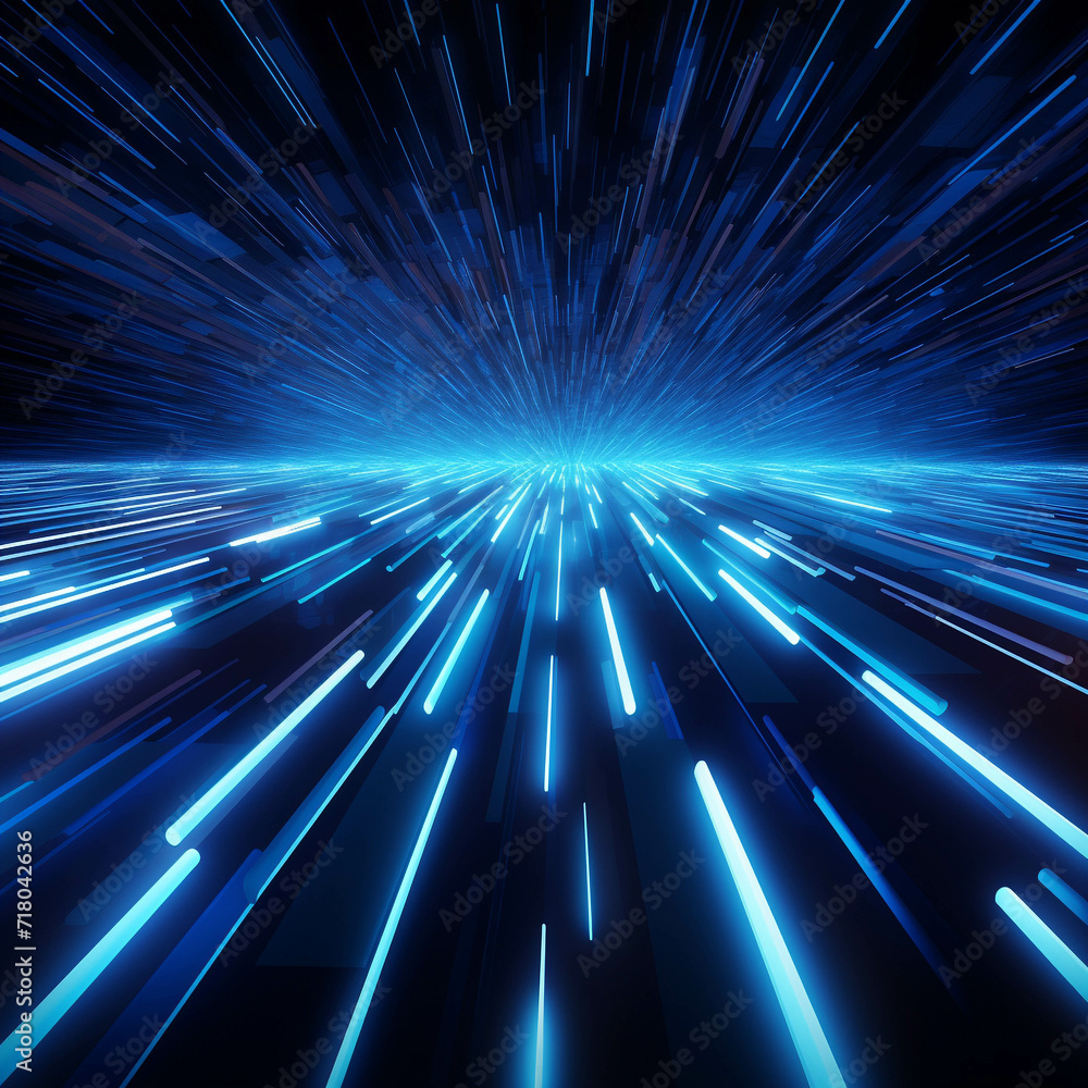 Poster blue wave energy flow abstract design with light lines and fractal motion.