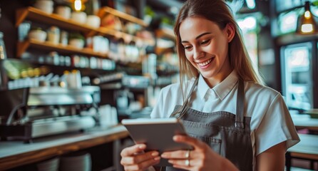 A cheerful woman expertly multitasks, effortlessly balancing her tablet and a bottle on a shelf, as she smiles warmly at the camera in her quaint indoor kitchen
