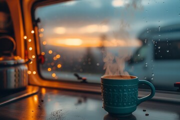 Piping hot cup of coffee in a van. Generative Ai.