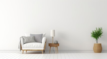 empty white wall for writing, minimalist beige living room interior, sofa on wooden floor,