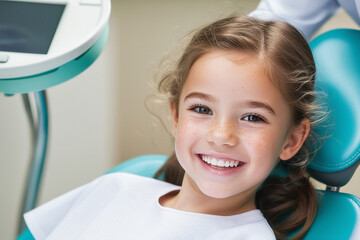 Portrait of a child being examined by a dentist. Lovely little girl smiling sitting in a dental chair. Child at the dentist.