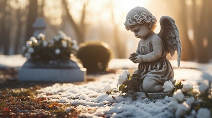Little baby angel statue on winter cemetery graveyard on sunny day - obrazy, fototapety, plakaty