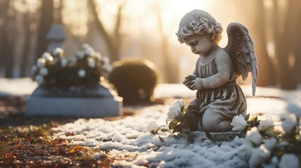 Fotobehang Little baby angel statue on winter cemetery graveyard on sunny day © NickArt