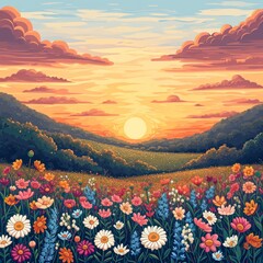 Magic sunset in a flowery field
