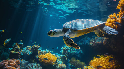 Turtles are diving to see coral reefs under the sea.