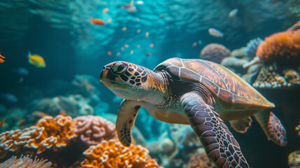 Obraz premium Sea turtle swimming underwater in the sea.