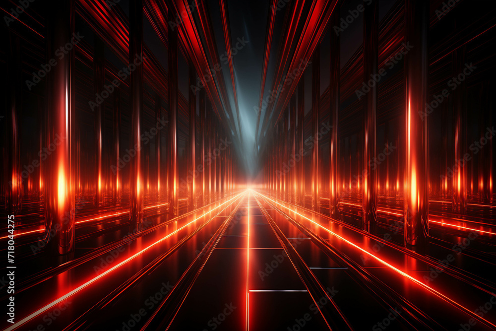 Poster red wave energy flow abstract design with light lines and fractal motion.