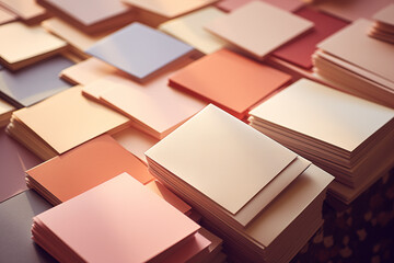 Stacked colorful paper sheets in warm tones. Stack of paper cards background