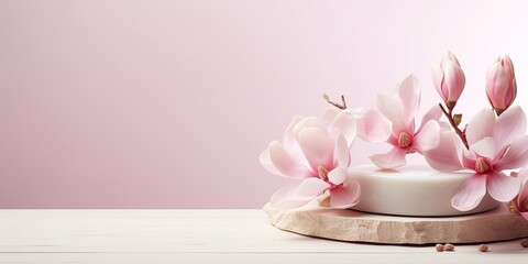 Pink magnolia flowers and platform for showcasing products, cosmetics.