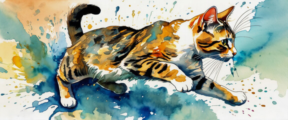Side view of a striped cat. Cat portrait. Illustration in watercolor style.