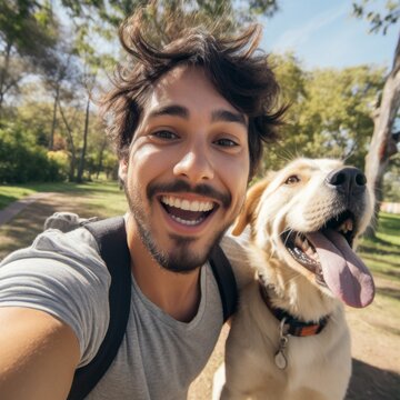 Young handsome man taking a selfie with his dog